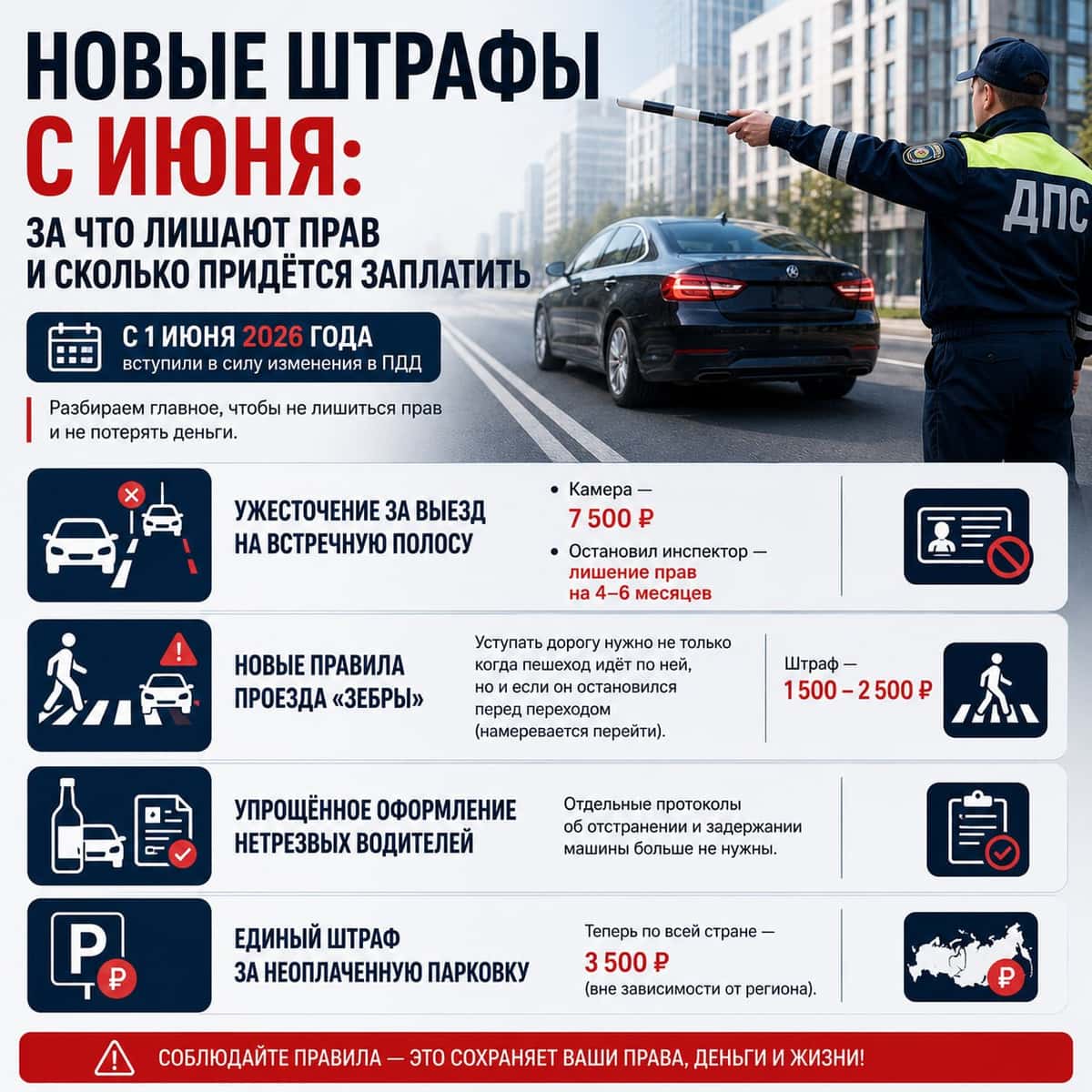 Новые штрафы с июня: за что лишают прав и сколько придётся заплатить
