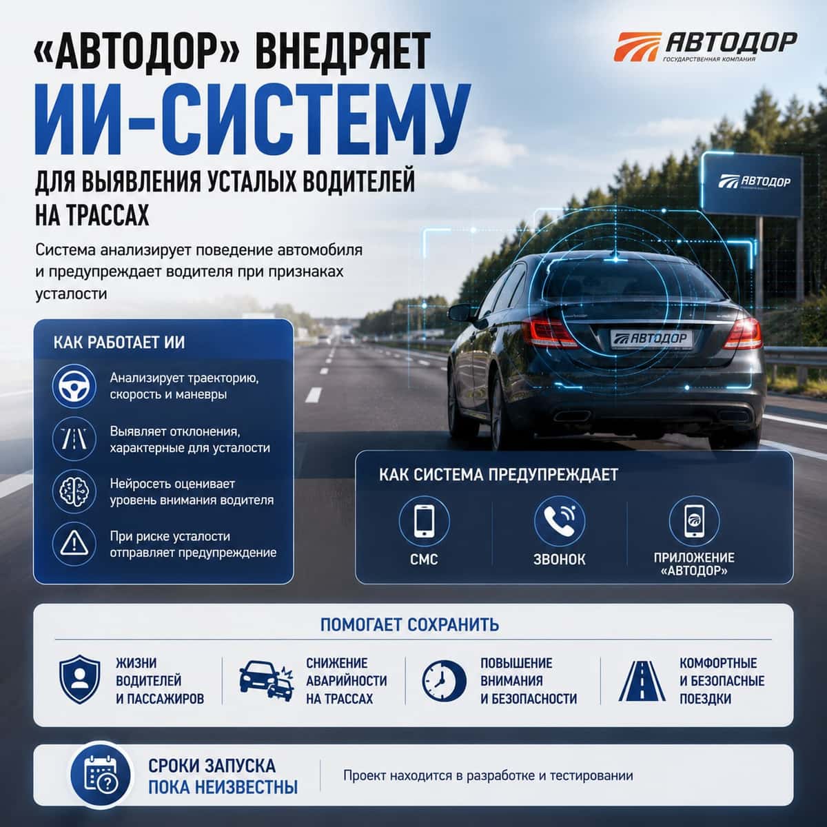 «Автодор» внедряет ИИ-систему, которая будет выявлять уставших водителей по поведению машины на трассе и предупреждать их по СМС, звонком или через приложение. Сроки запуска пока неизвестны.