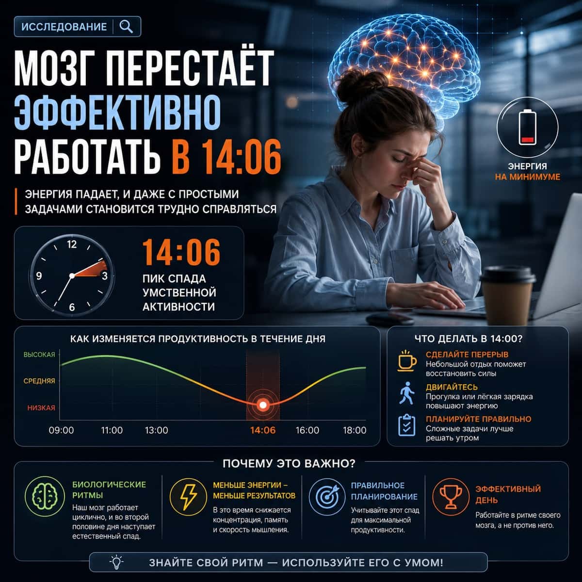 Мозг перестаёт эффективно работать в 14:06, — исследование.