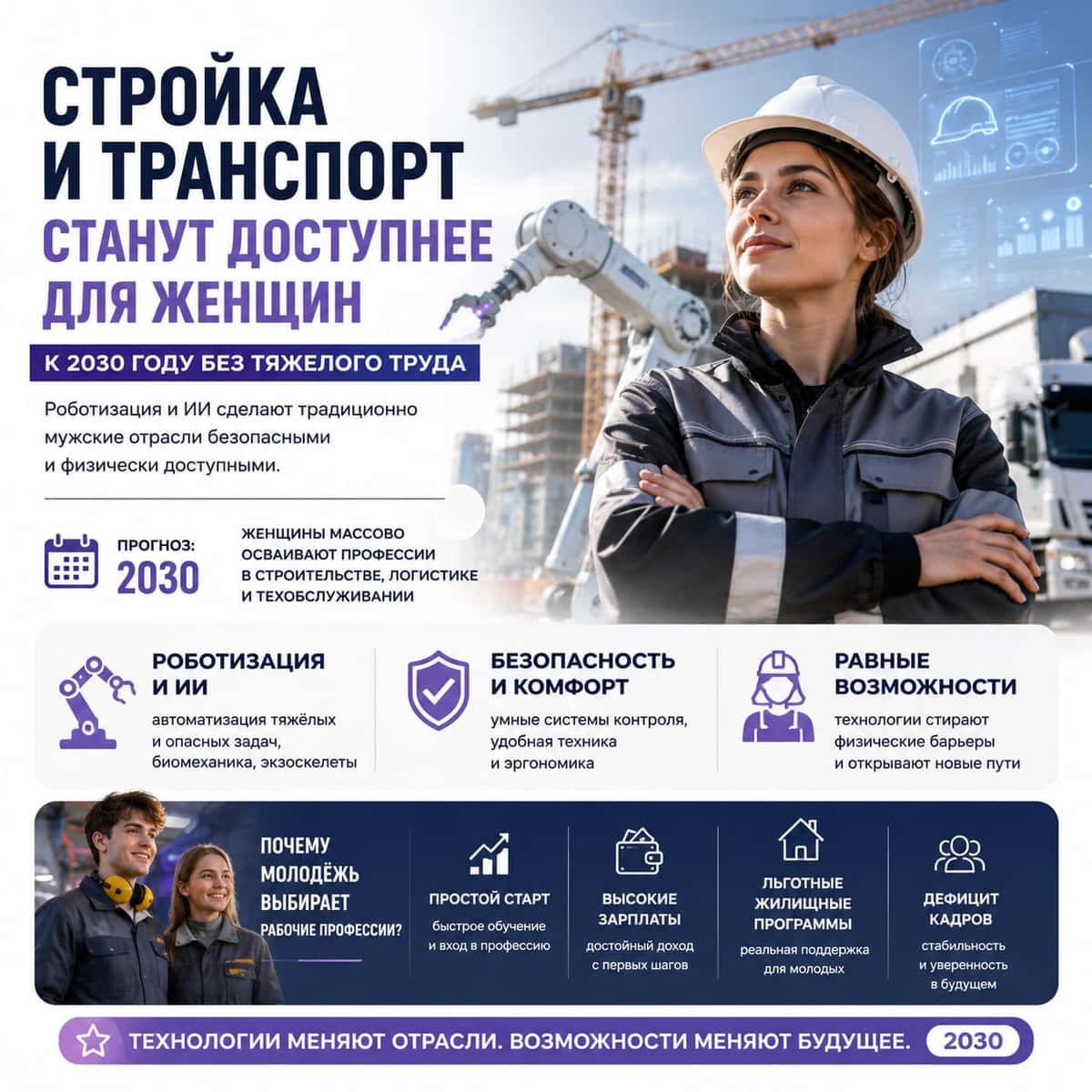 Без тяжелого труда: стройка и транспорт станут доступнее для женщин к 2030-му