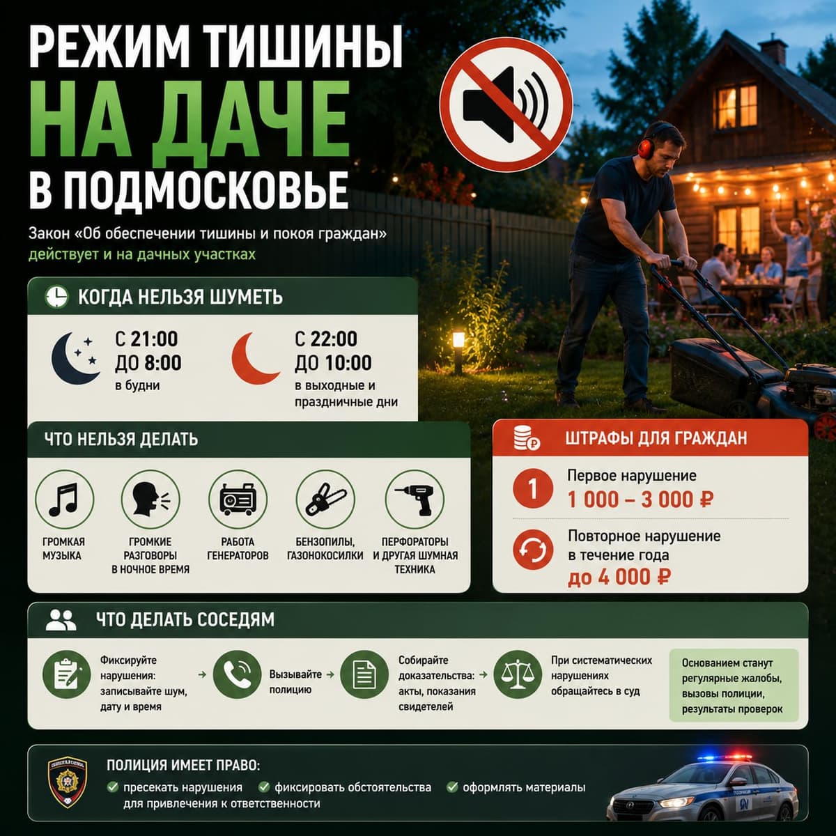 Режим тишины на даче в Подмосковье: когда нельзя шуметь и какие штрафы