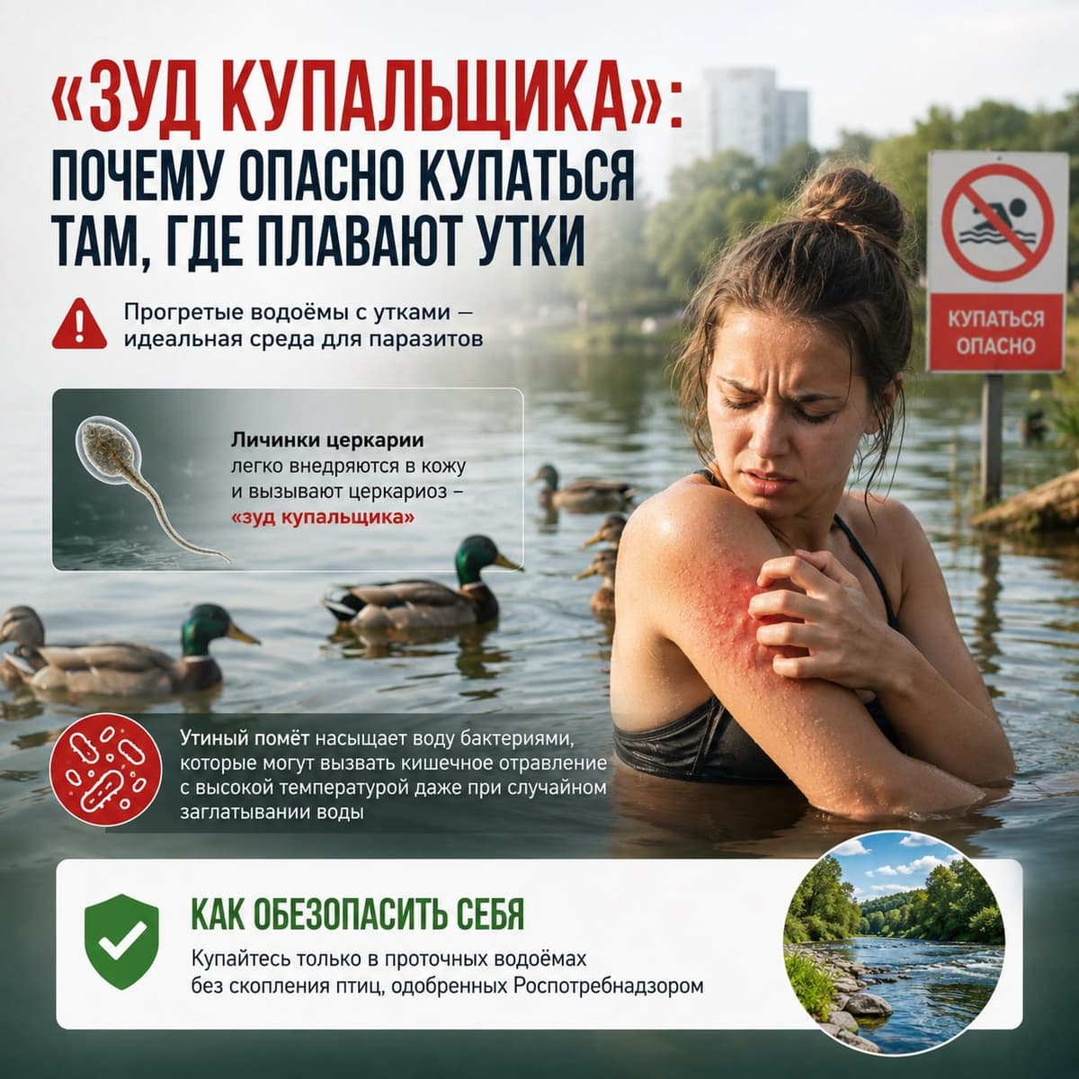 «Зуд купальщика»: врач объяснила, почему опасно купаться там, где плавают утки