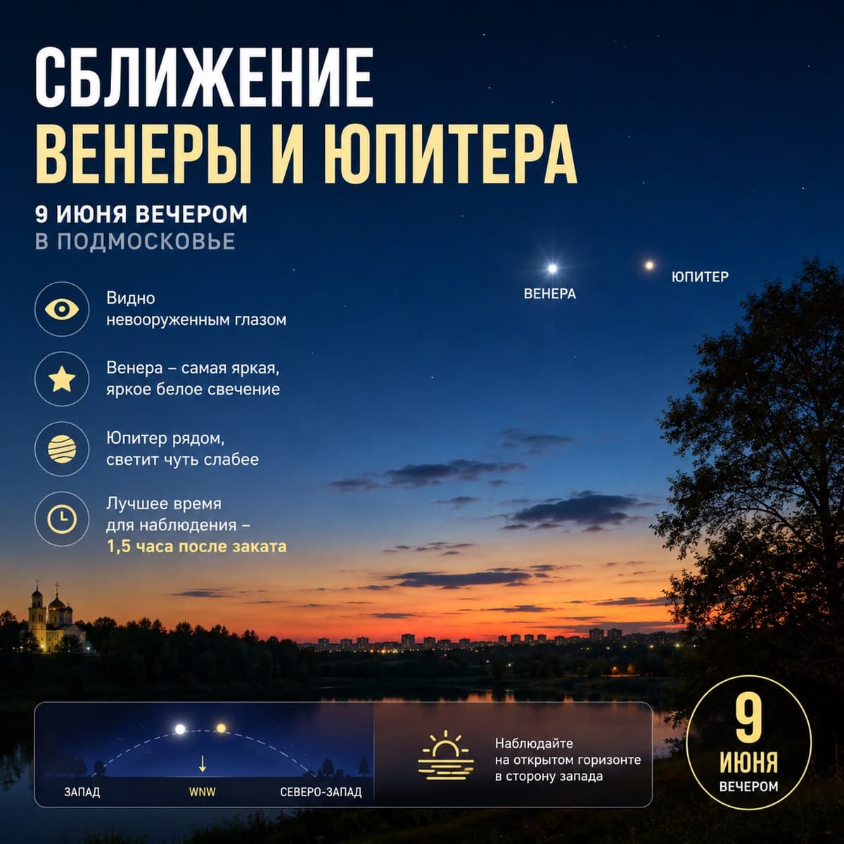 Сближение Венеры и Юпитера будет видно в Подмосковье невооруженным глазом сегодня вечером 9 июня.