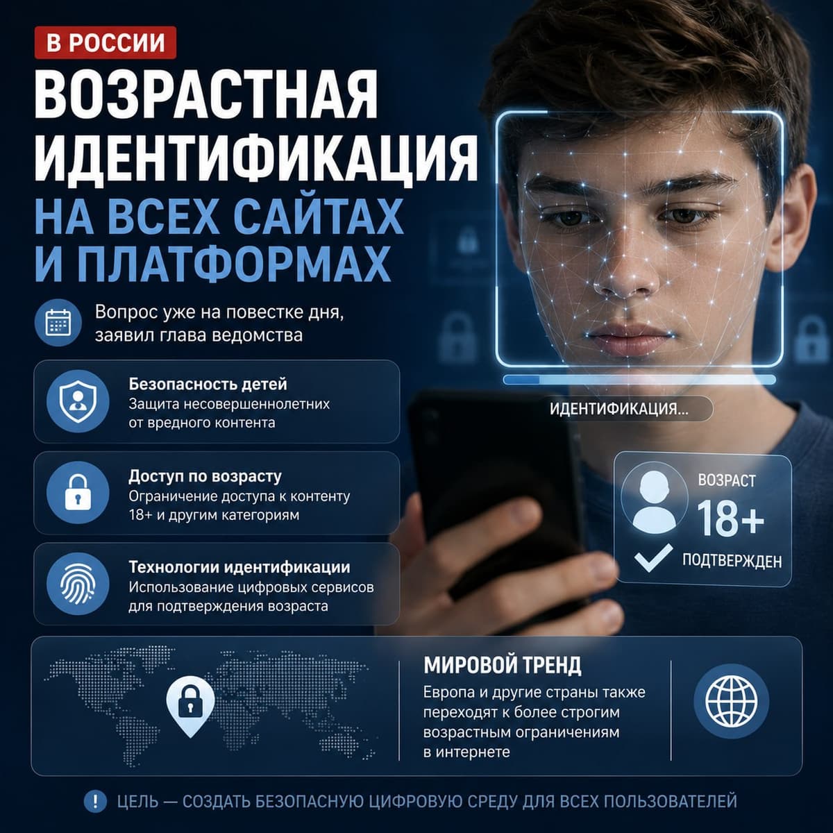 В России собираются ввести возрастную идентификацию на всех сайтах и платформах. Глава ведомства отметил, что этот вопрос уже стоит на повестке дня, и добавил, что Европа и другие страны также идут к более строгим возрастным ограничениям в интернете.