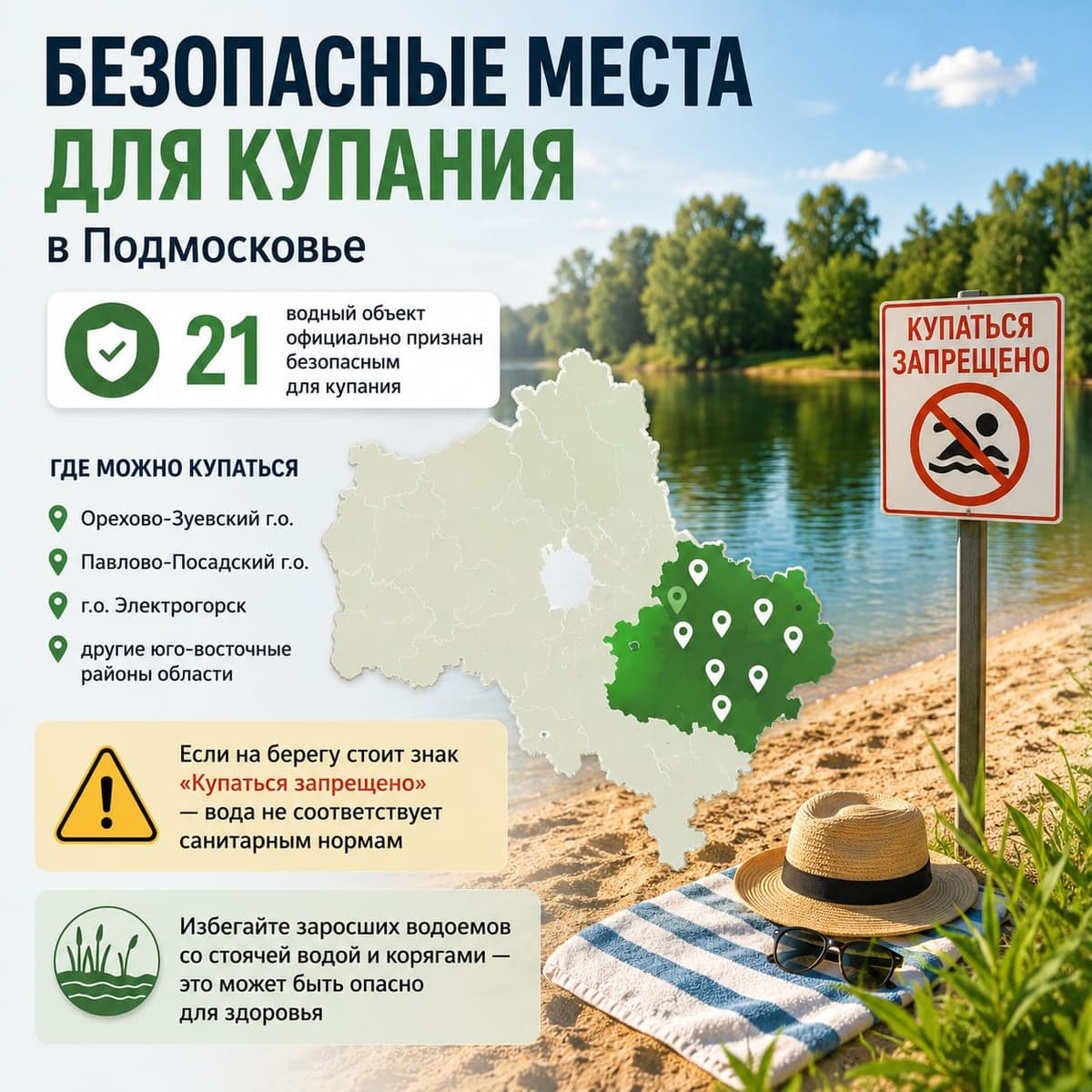 Список безопасных мест для купания опубликовал подмосковный Роспотребнадзор