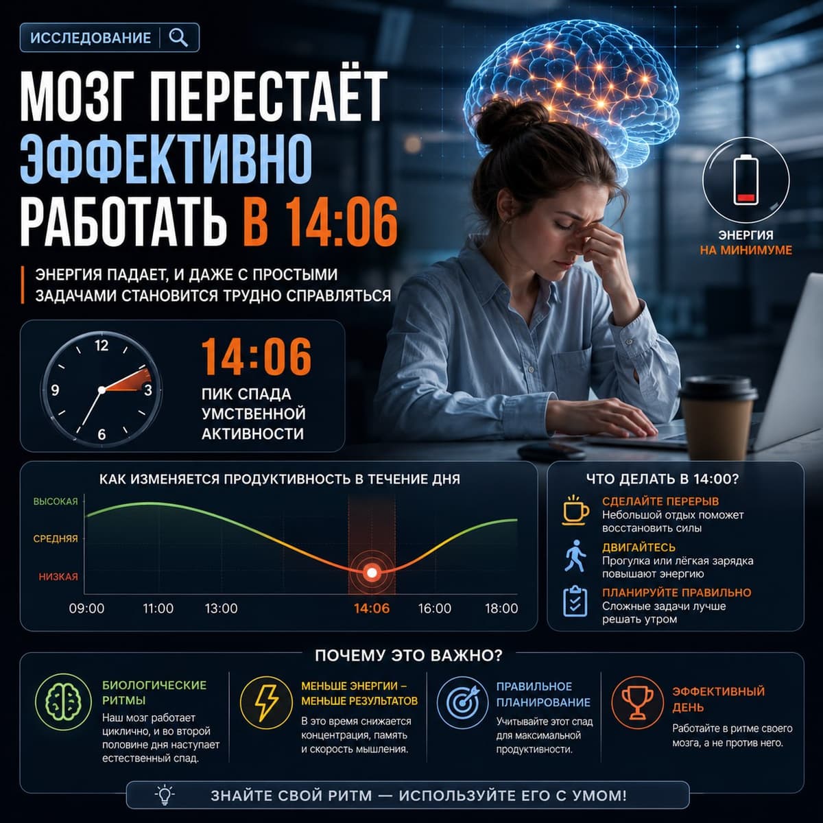 Мозг перестаёт эффективно работать в 14:06, — исследование.