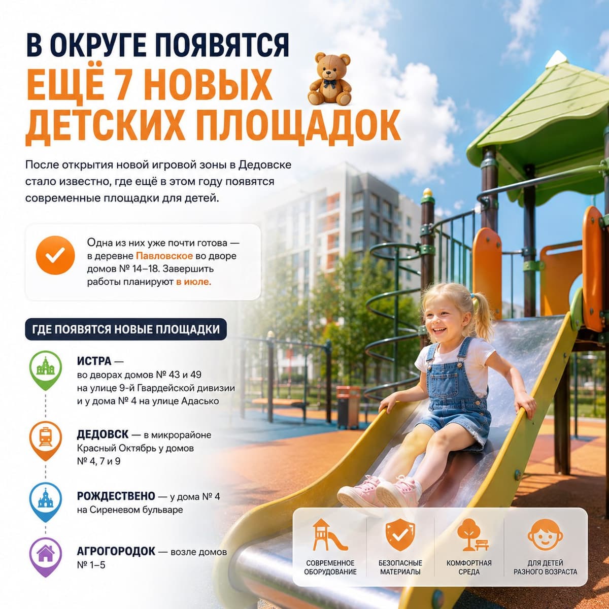В округе появятся ещё семь новых детских площадок 🧸